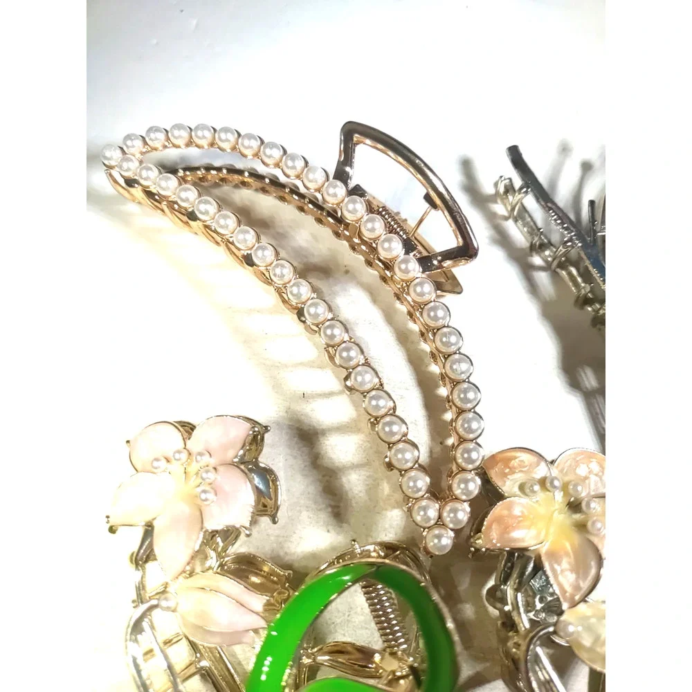 Lot Of 4 Hair Barrettes Tension Clips Flowers Butterfly Fancy Pearls
